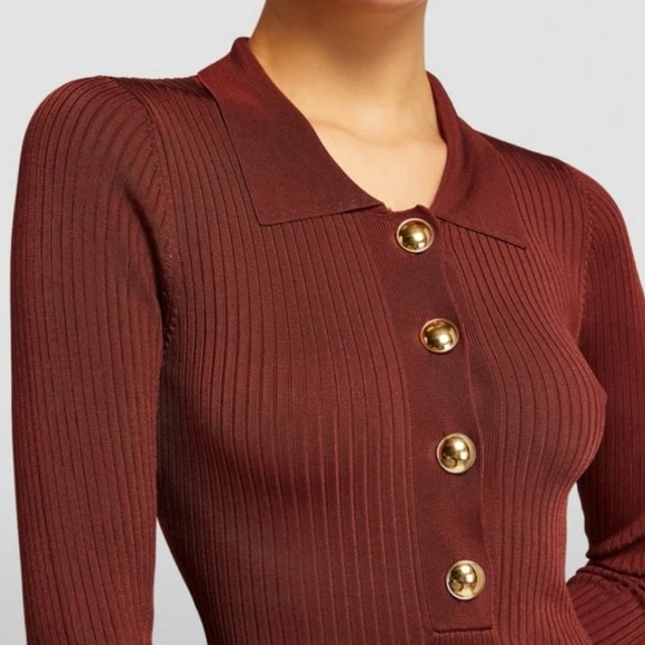 Good American Collared Long Sleeve Ribbed Midi Dress size 00/0 Brick - Picture 4 of 7